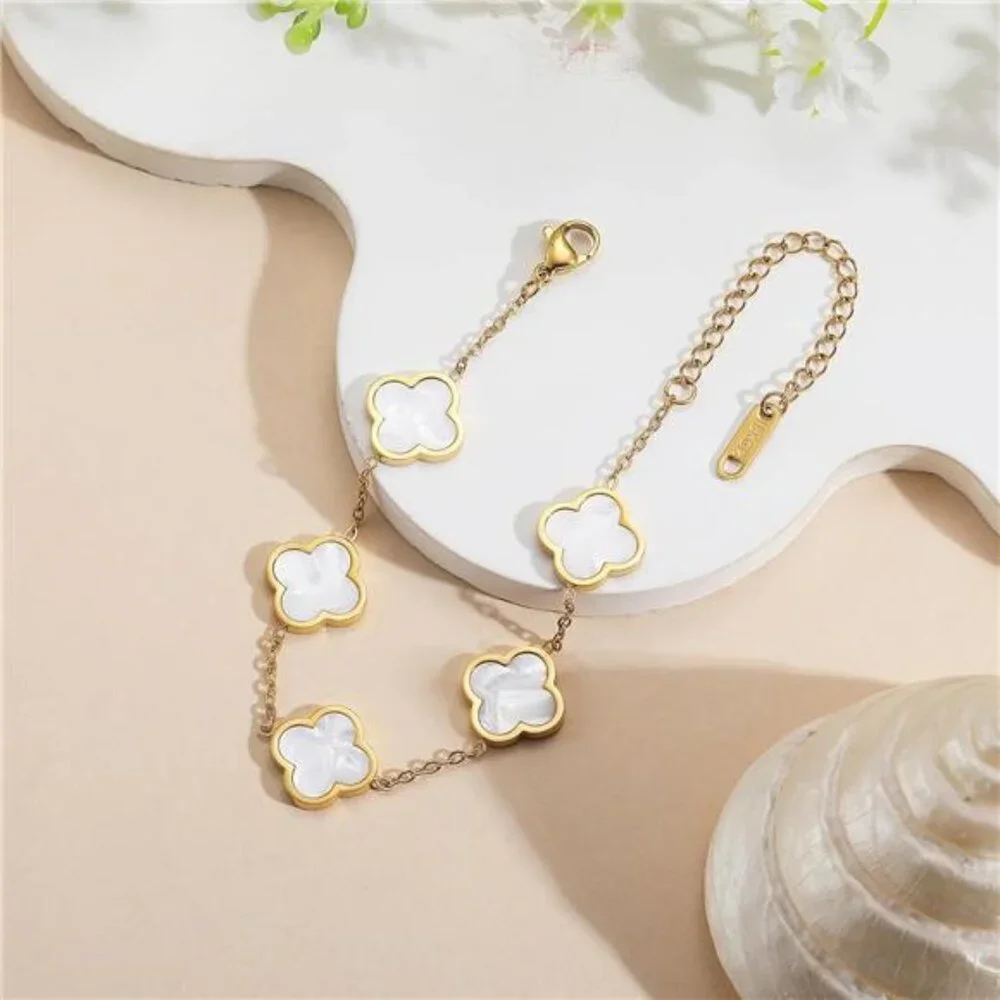 18K Gold Plated Clover Lucky Bracelet for Women White Flower - Picture 5 of 6